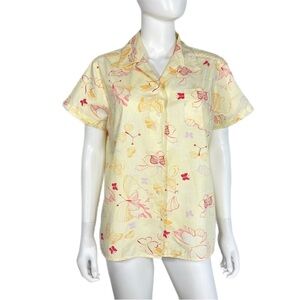 Karen Scott Pastel Yellow Butterfly Print Pocket Button Down Blouse